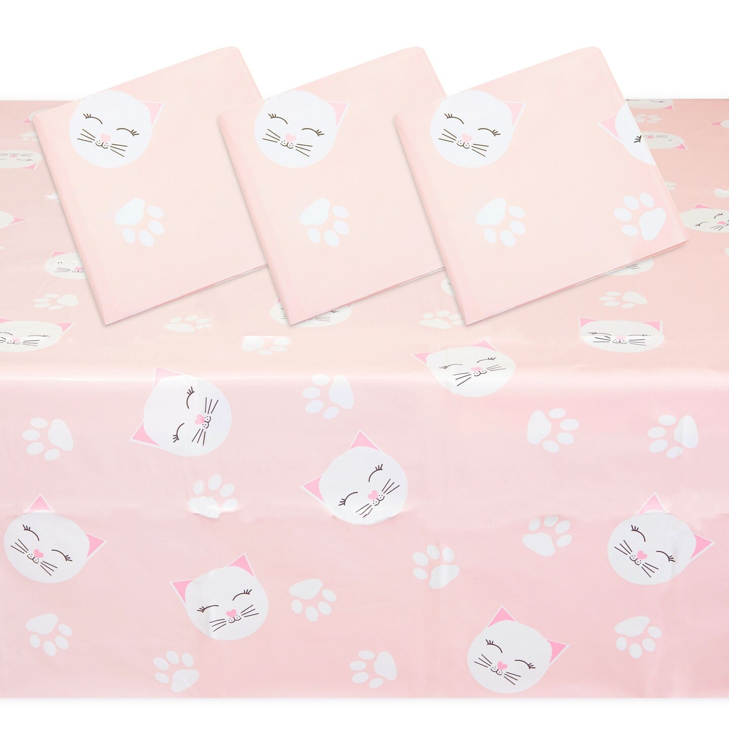 3 Pack Cat Themed Party Tablecloth, Plastic Kitty Birthday Table Cover Decorations (Pink, 54 x 108)