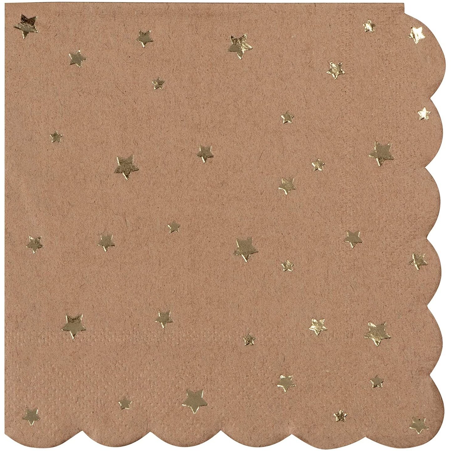 Cocktail Napkins - 50-Pack Disposable Kraft Paper Napkins, Rustic Holiday, Wedding, Birthday Party Supplies, Metallic Gold Foil Stars and Scalloped Edge Design, 3-Ply, Brown, Folded 4.8 x 4.7 Inches