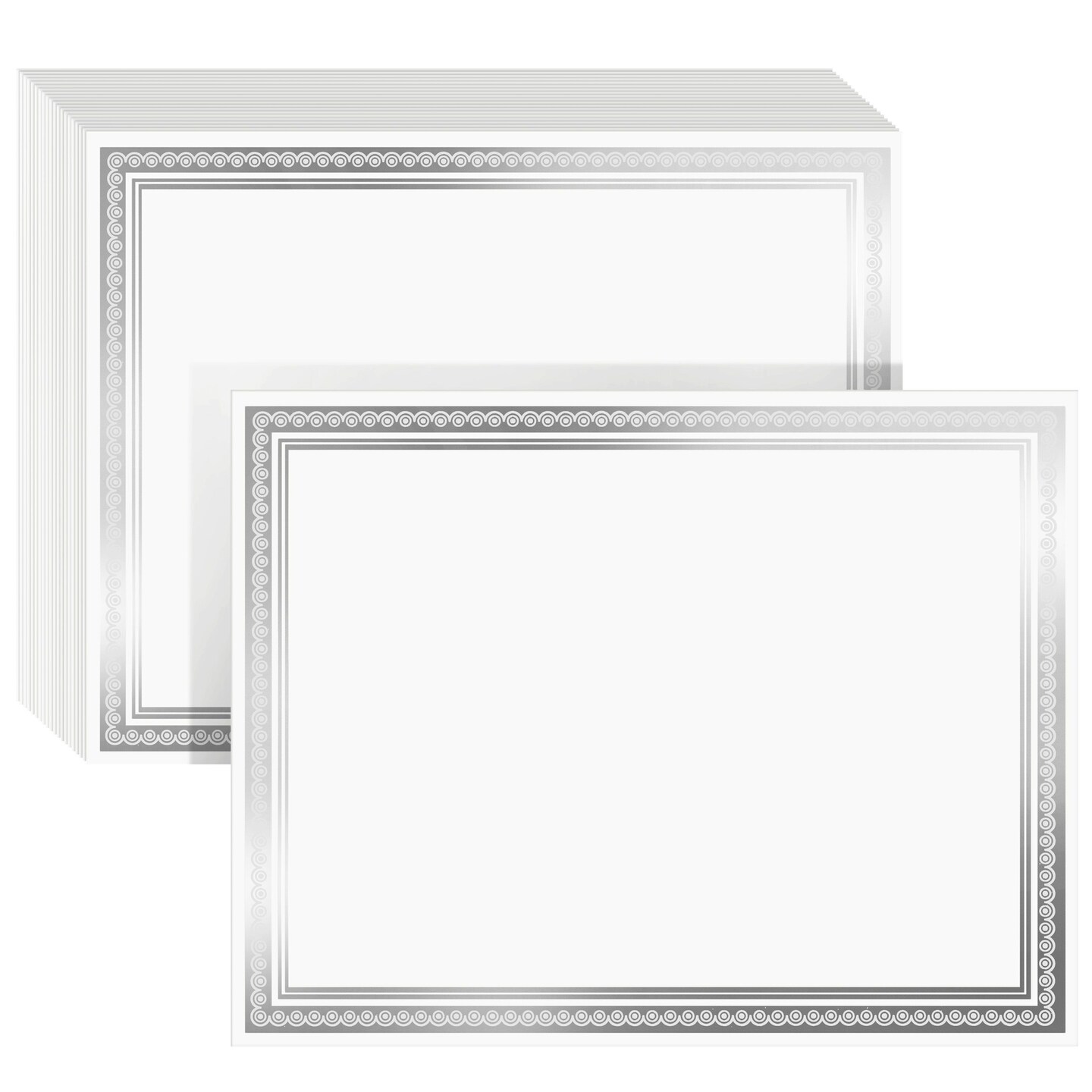 50 Sheets Silver Foil Certificate Paper for Printing - Customizable Blank Cardstock with Border for Graduation Diploma, Achievement Awards, Recognition Documents (8.5 x 11 in, White)