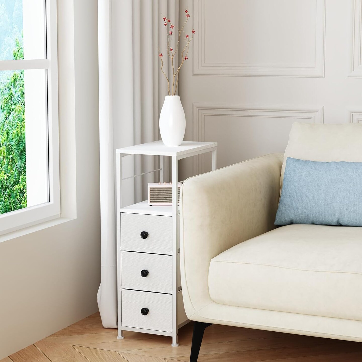 Narrow Dresser for Small Spaces | Slim White 3-Drawer Chest with Wood Shelf &#x26; Anti-Tip Design | Space-Saving Bedroom/Office Dresser Tower (28.26&#x22; H x 10.04&#x22; W)