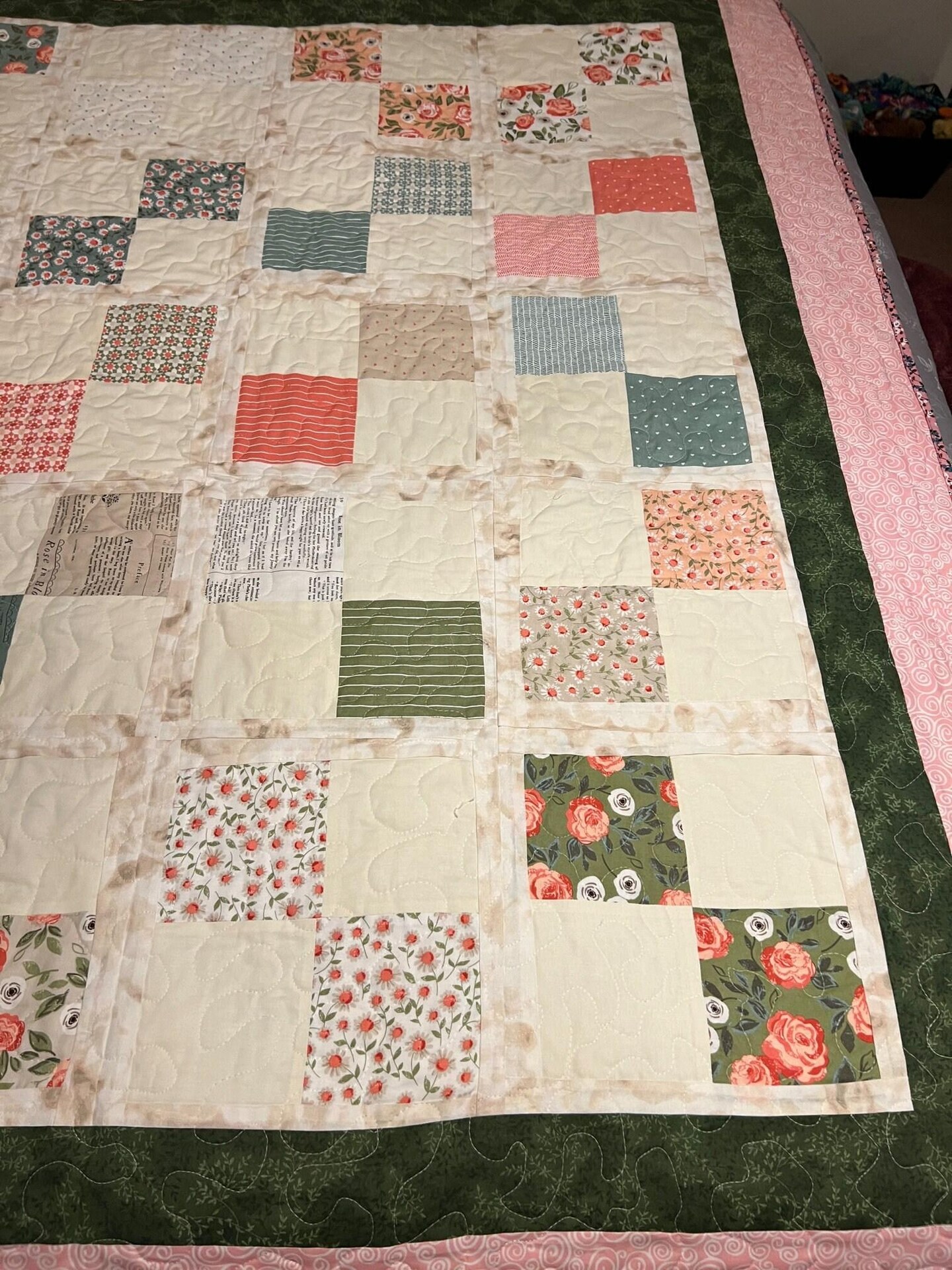 Homemade quilted throw 2024 blanket (mint green and coral)