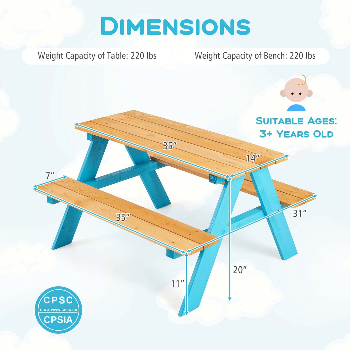 Kids Picnic Table Set Children Outdoor Wooden Table with Bench Seats Backyard