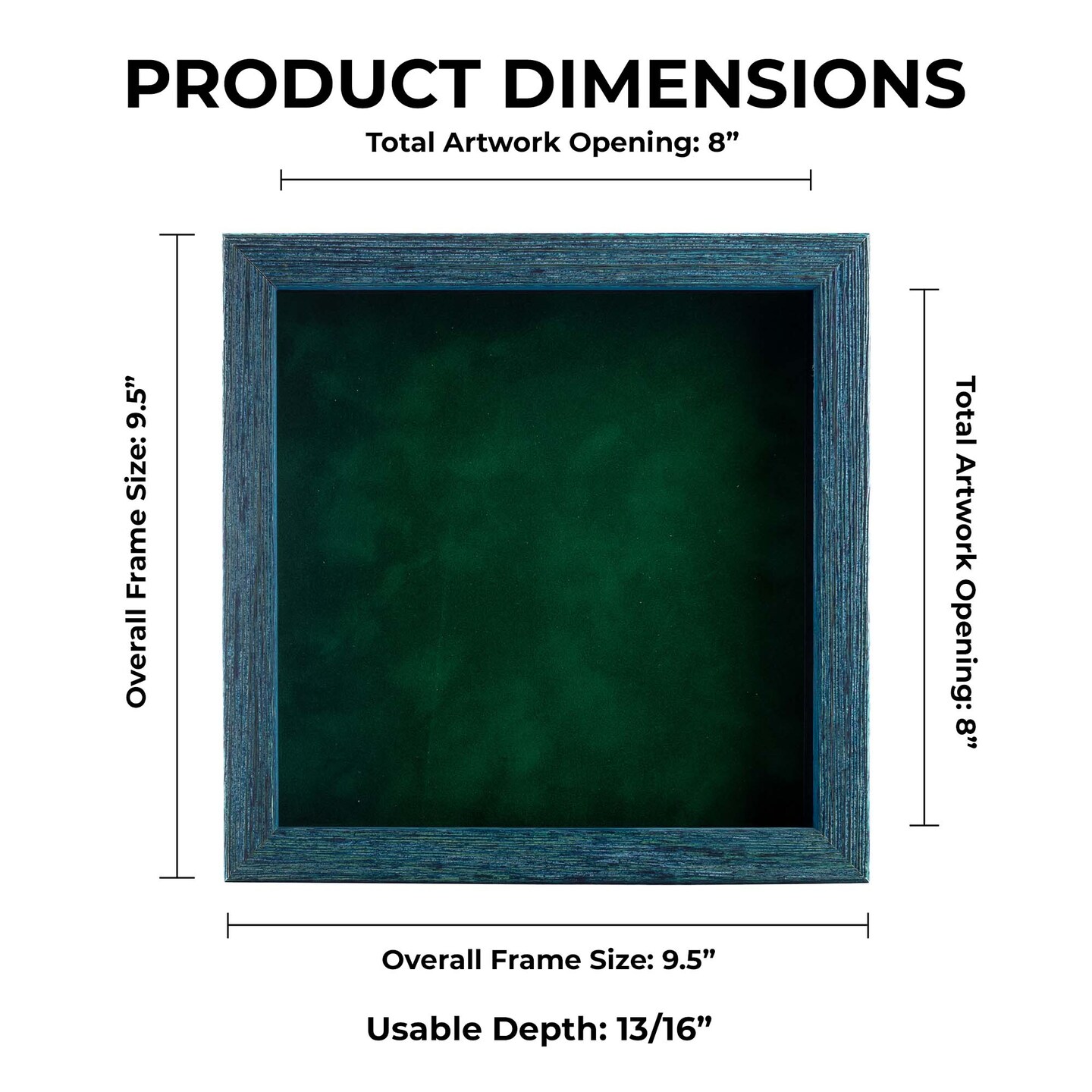 Rustic Blue Wood Shadow Box Frame with Acrylic Front - Forest Green Suede Backing, 30 Sizes