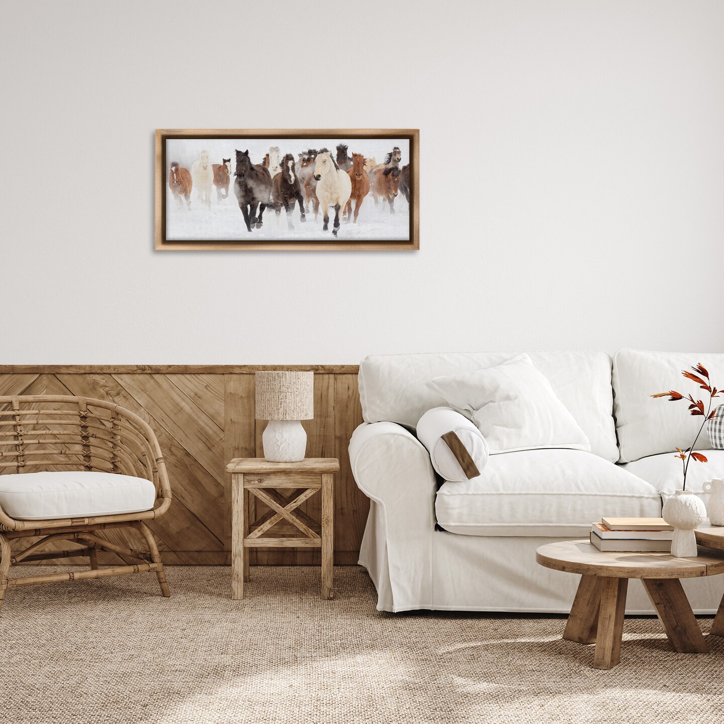 Stupell Industries Wild Horses Herd Foggy Winter Framed Floater Canvas Wall Art