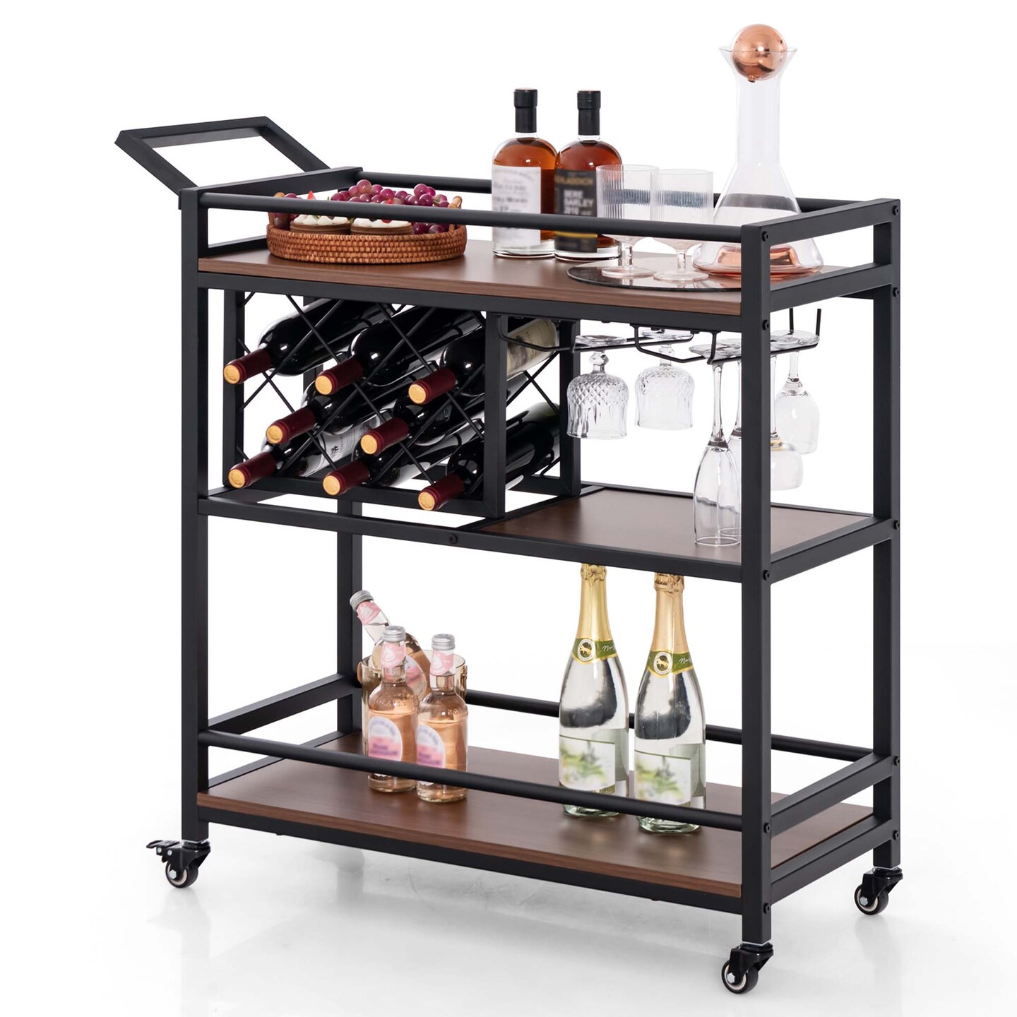 Costway 3-tier Bar Cart on Wheels Home Kitchen Serving Cart with Wine Rack & Glass Holder Rustic Brown/Brown