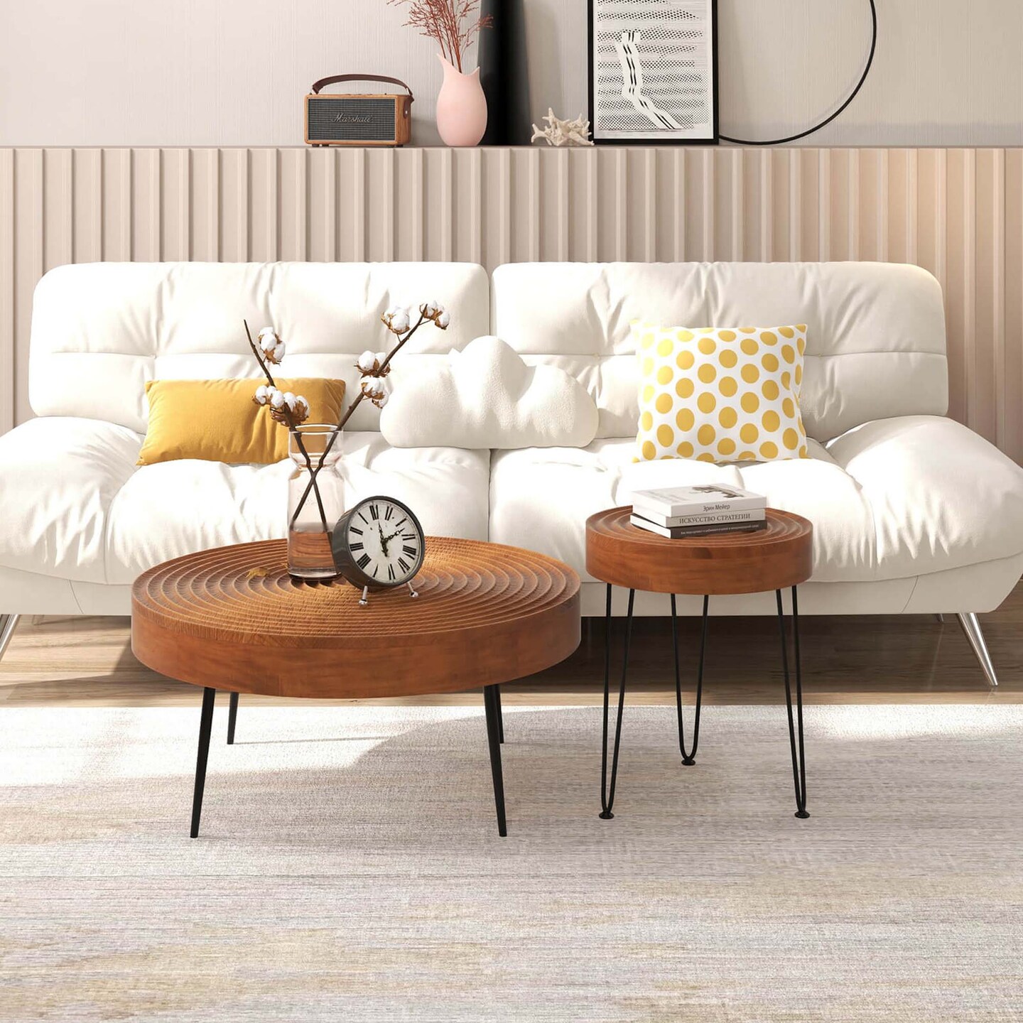 Costway Farmhouse Round CoffeeTable Set of 2 End Table Natural Finish for Living Room Brown/Natural