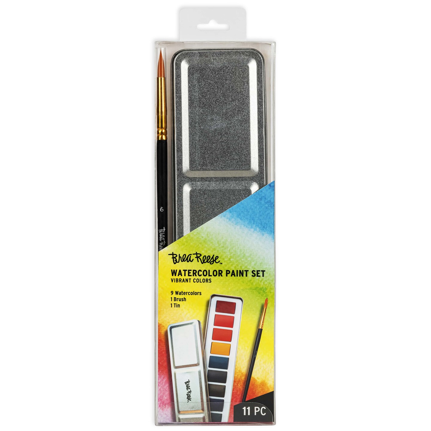 Brea Reese: Watercolor Paint Set - Vibrant - 9pc Vivid Colors, Gold Taklon Painting Brush & Compact Portable Tin, Blend-able, Adult Art Supplies