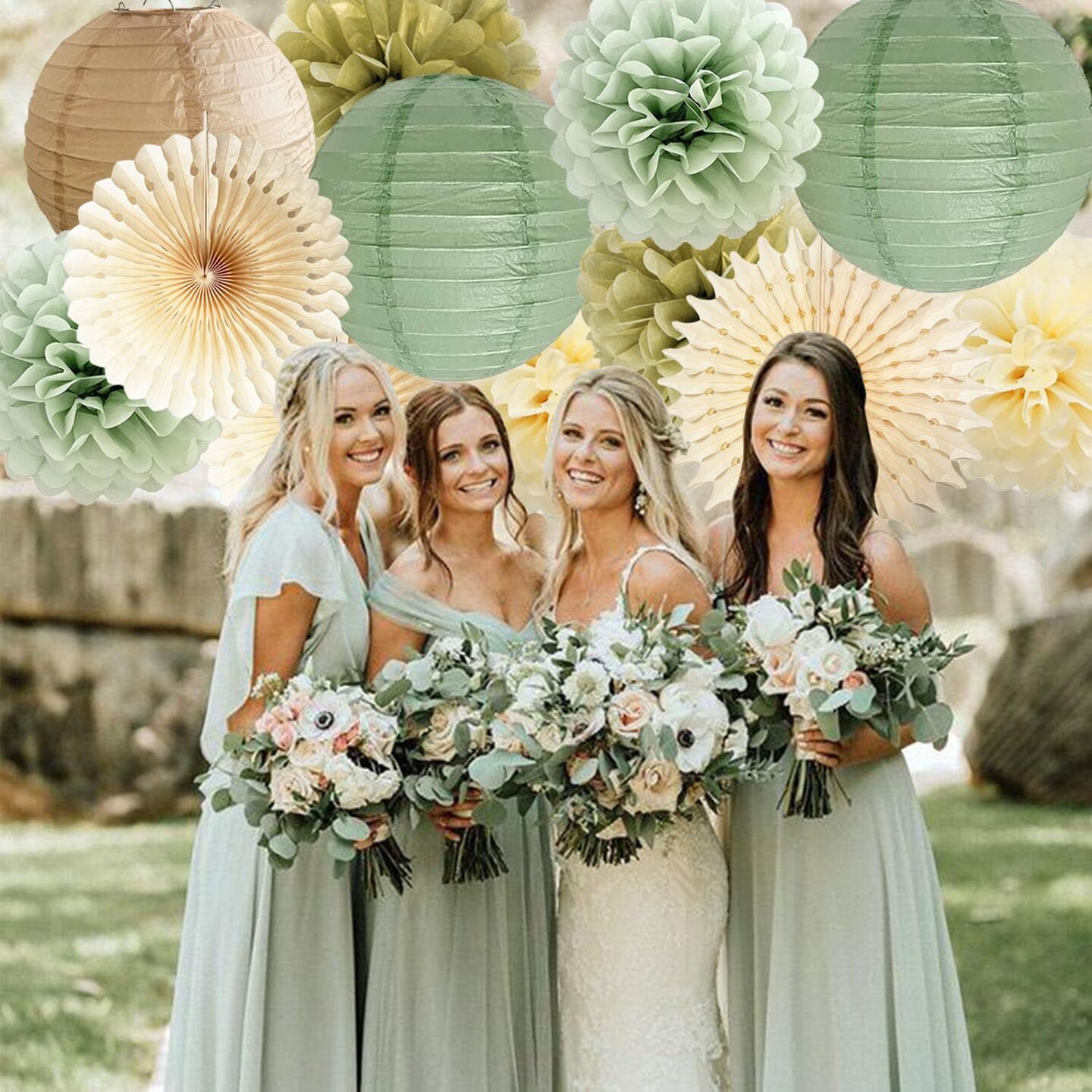 Sage Gold Cream Tissue Paper Pom Poms Paper Lanterns(Sage Green, Cream, Gold)