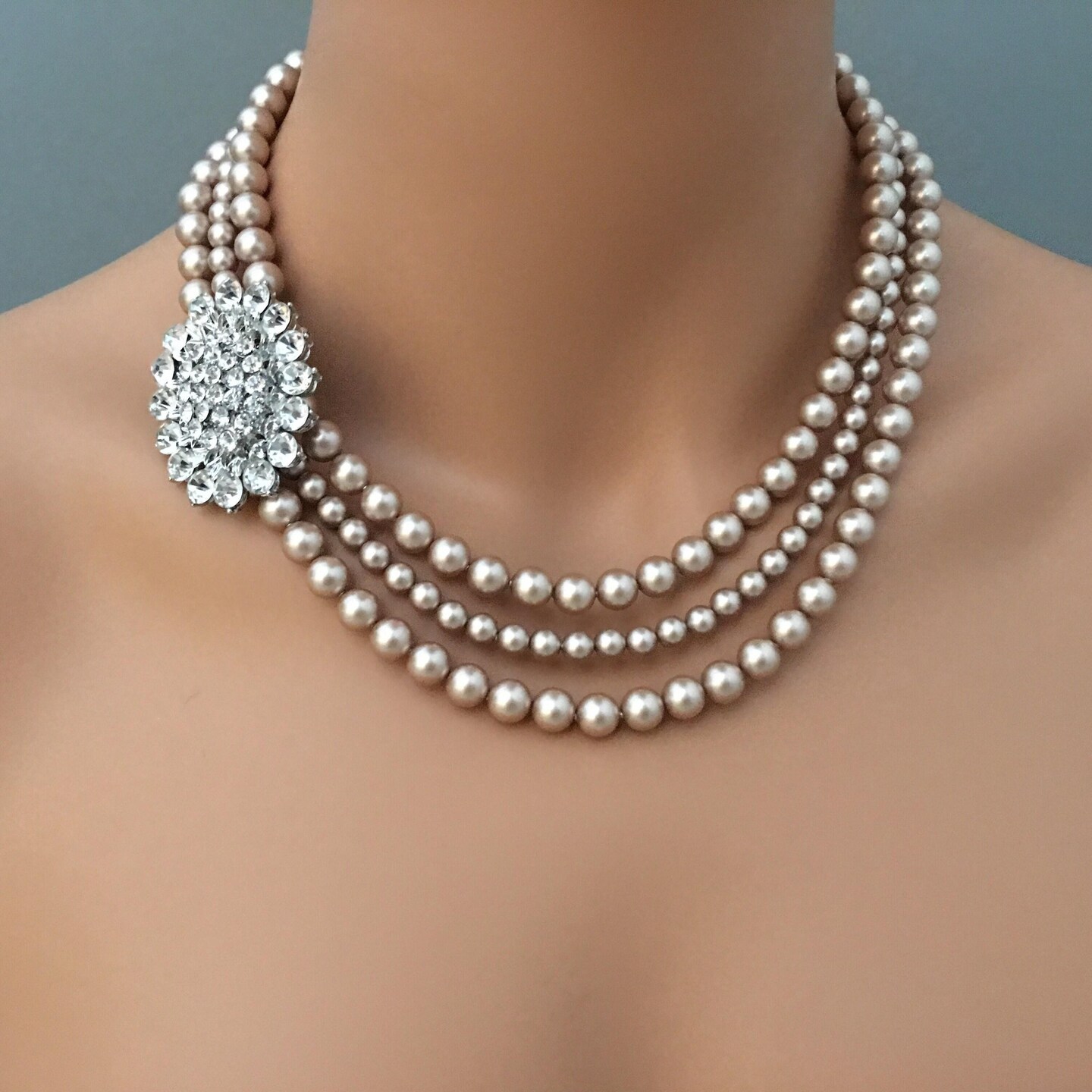 COMPLETE Champagne Jewelry Set Taupe Pearl Necklace with Brooch Bracelet Earrings Swarovski Pearls In Powder Almond Mother of the Bride product 2