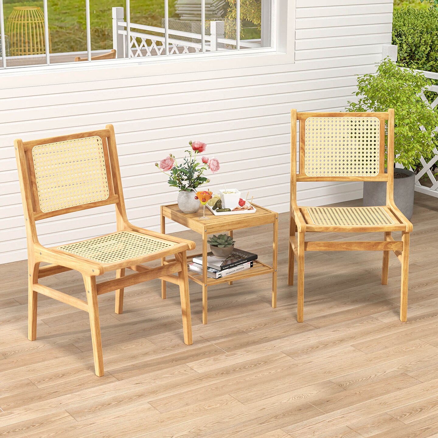 Costway 1/2 PCS Rattan Dining Chair with Natural Cane Woven Backrest & Seat & Teak Wood Frame