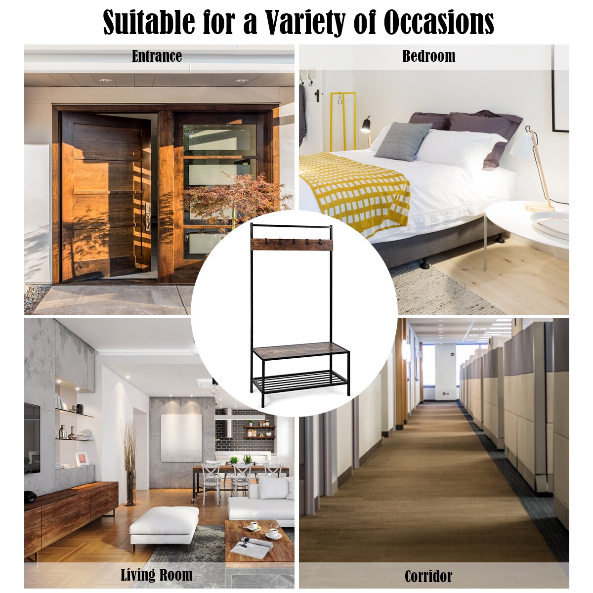 COSTWAY 3 in 1 Industrial Coat Rack Shoe Bench Entryway Hall Tree Storage Shelf w/ Hooks