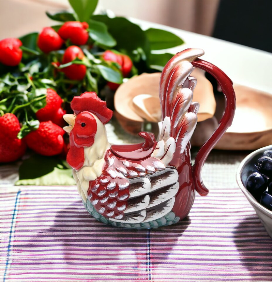 Ceramic Red Rooster Teapot, Gift for Her, Gift for Mom, Tea Party D&#xE9;cor, Caf&#xE9; D&#xE9;cor, Fall Thanksgiving D&#xE9;cor, Farmhouse Decor