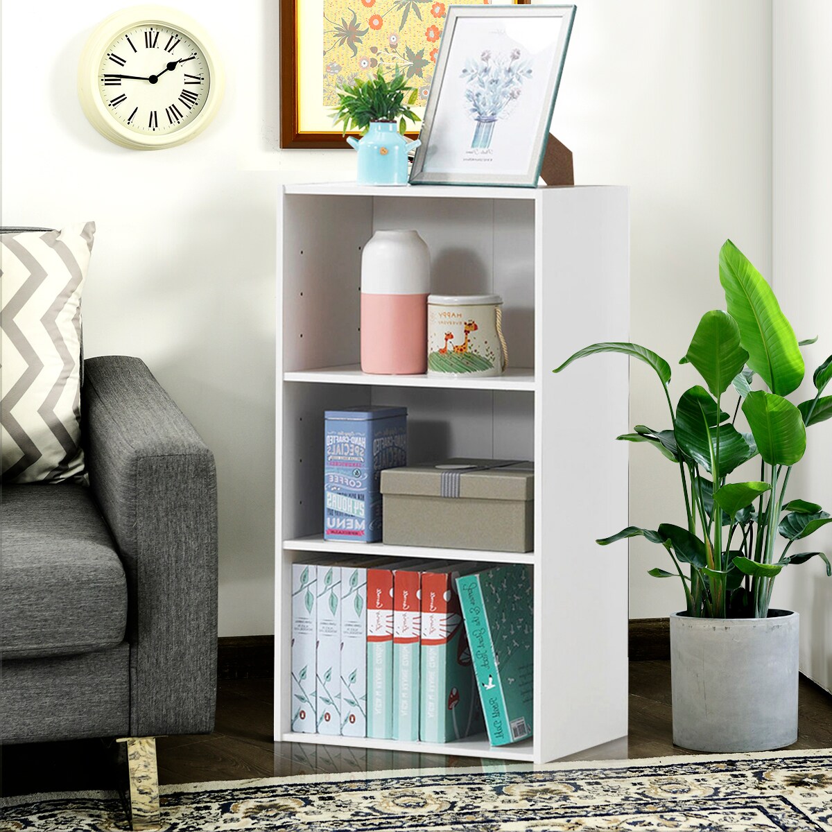 Costway 3 Tier Open Shelf Bookcase Multi-functional Storage Display Cabinet Furni White