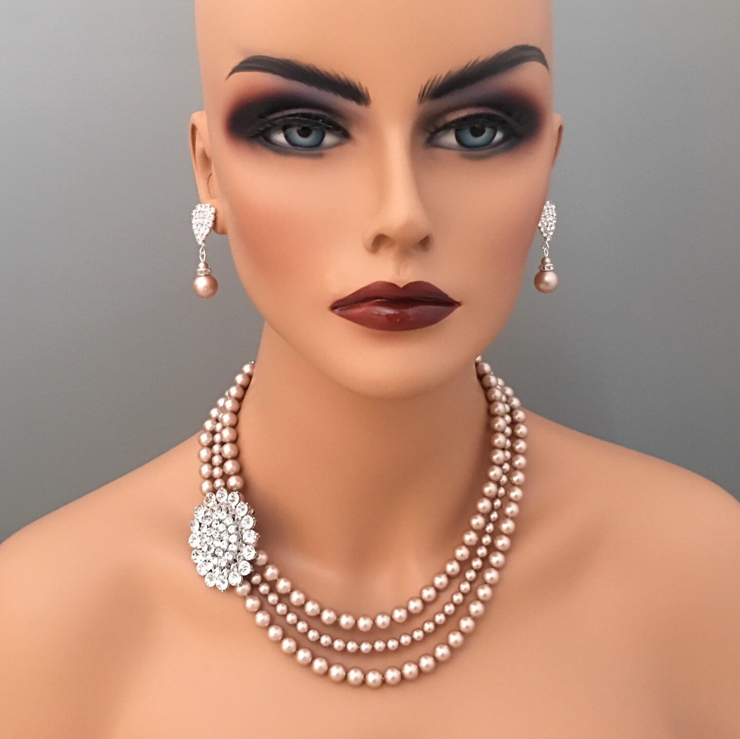 COMPLETE Champagne Jewelry Set Taupe Pearl Necklace with Brooch Bracelet Earrings Swarovski Pearls In Powder Almond Mother of the Bride - image9