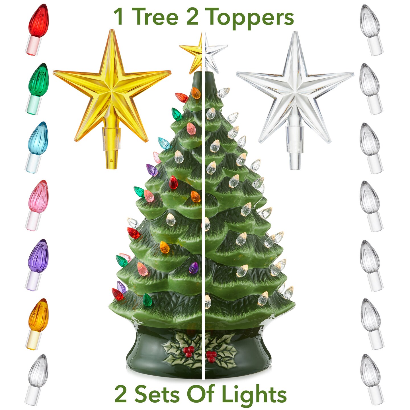 Casafield Hand Painted Ceramic Christmas Tree, 24-Inch Pre-Lit Tree with 148 Multi Color Lights and 2 Star Toppers