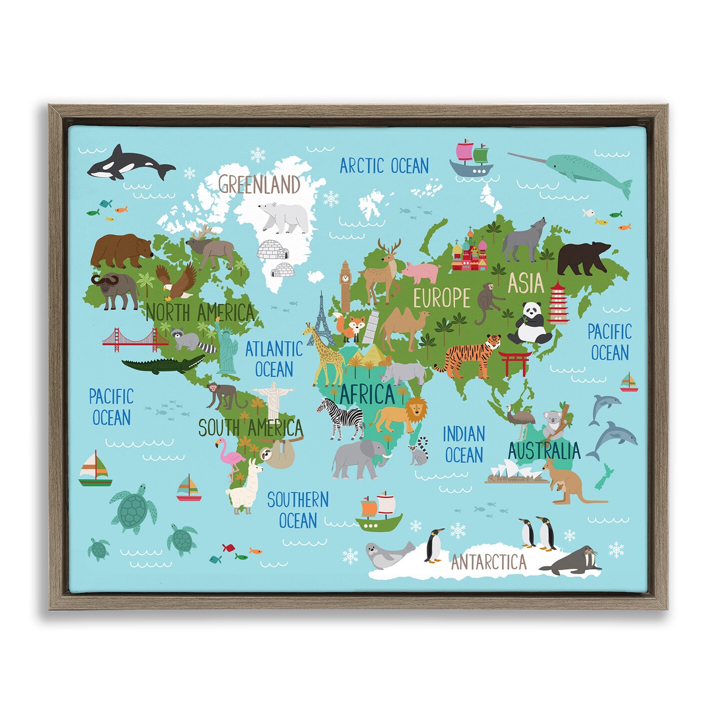 Stupell Industries Kid&#x27;s Favorite Animals World Map Framed Floater Canvas Wall Art