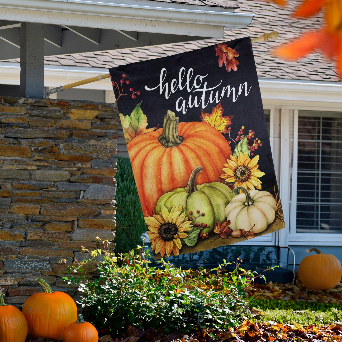 Northlight Pumpkins and Sunflowers Hello Autumn Outdoor Fall Harvest House Flag - 40&#x22; x 28&#x22;