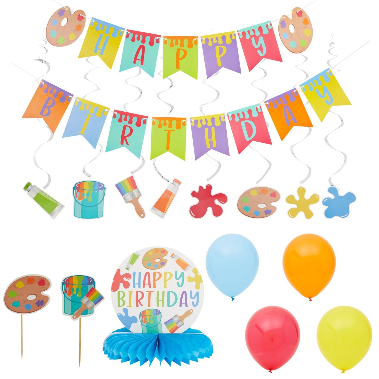 59 Piece Art Birthday Party Decorations Kit with Balloons, Banner, Swirl Cutouts, Honeycomb Table Centerpieces