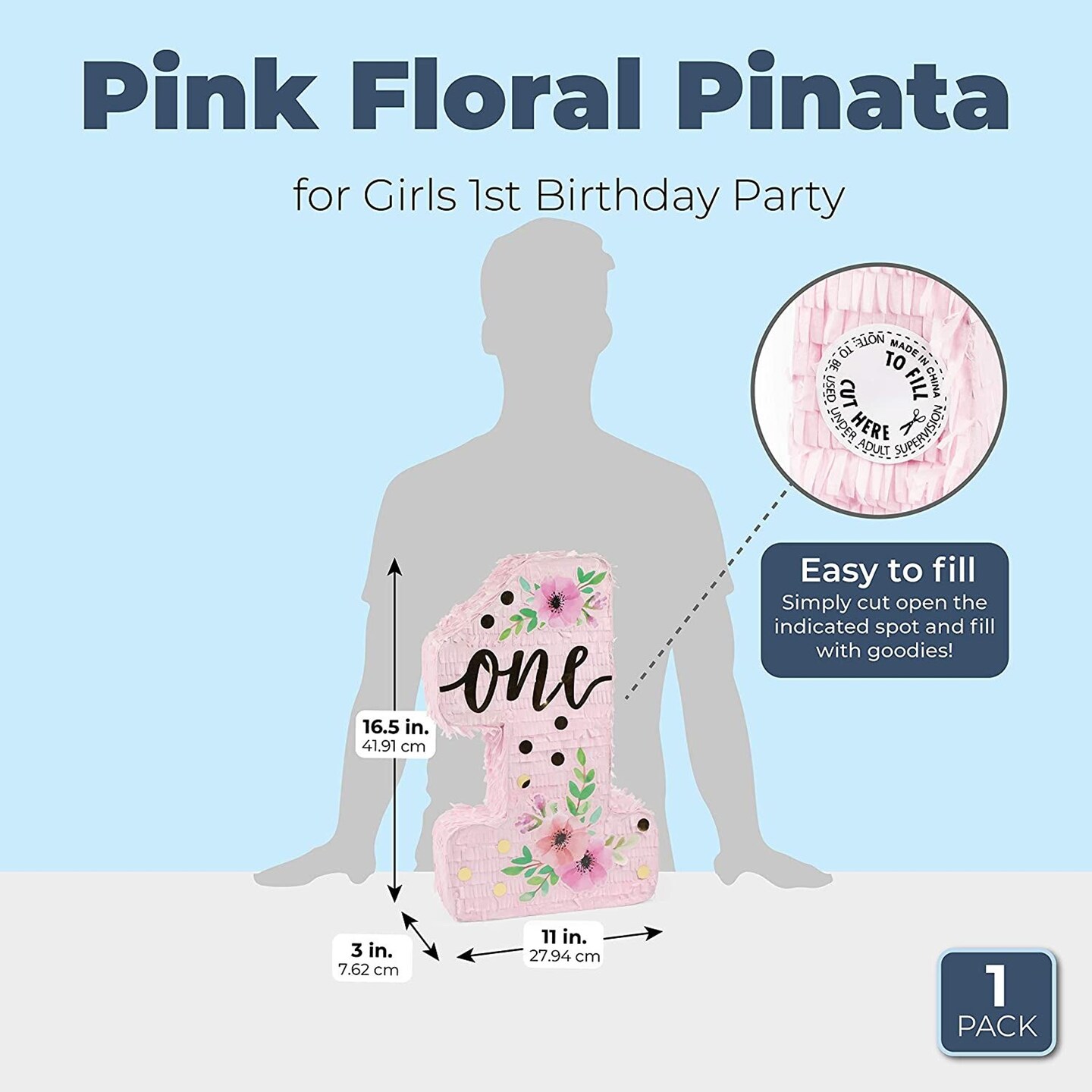 Pink Floral Number 1 Pinata for Girl&#x27;s 1st Birthday Party Decorations, Gold Foil &#x22;One&#x22; and Hibiscus Print Designs (16.5 x 11 x 3 In, Small)