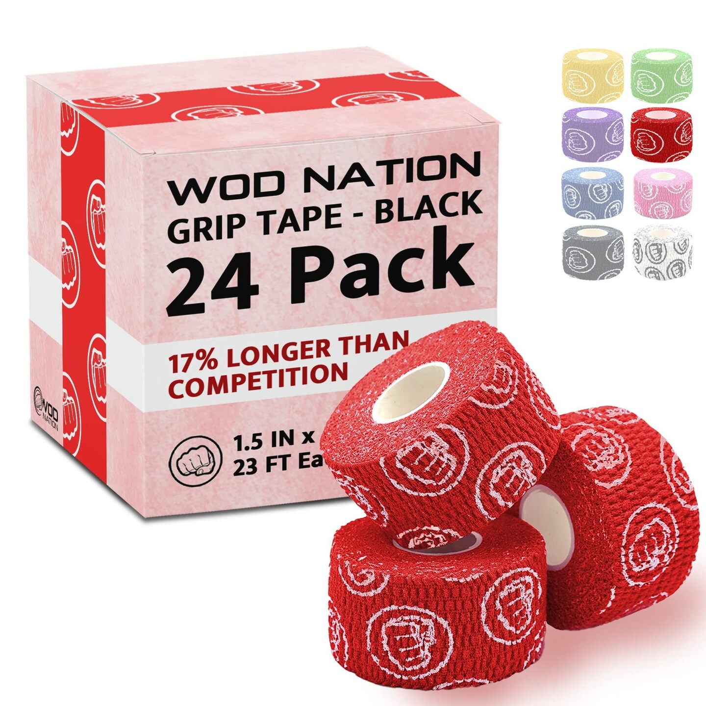 Weightlifting Hook Grip Tape - Bulk 24 Pack (23ft/Roll) Comfortable &#x26; Stretchy Athletic Thumb Tape for Weight Lifting, Excercise &#x26; Cross Training - Protect Thumb, Wrist &#x26; Finger (Red)