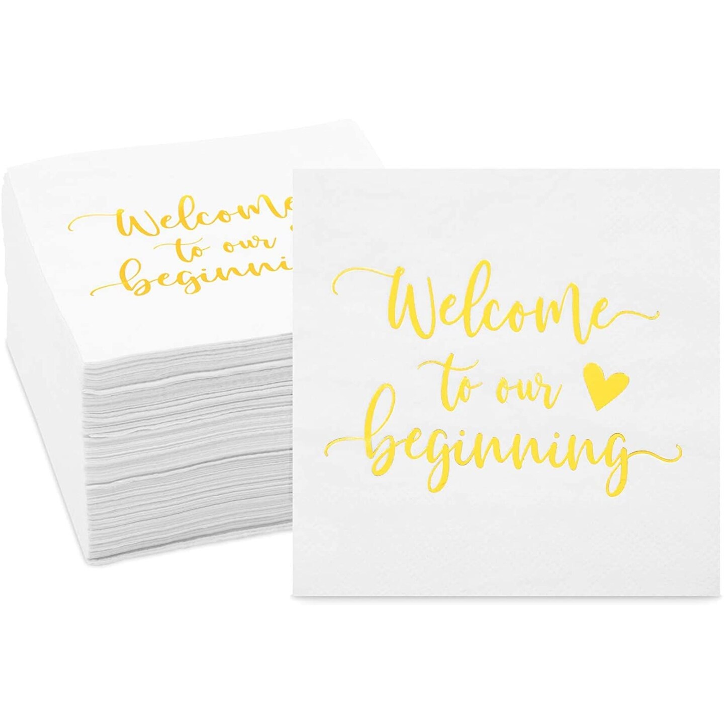 Wedding Cocktail Napkins, Welcome to our Beginning (White, 5 In, 100 Pack)