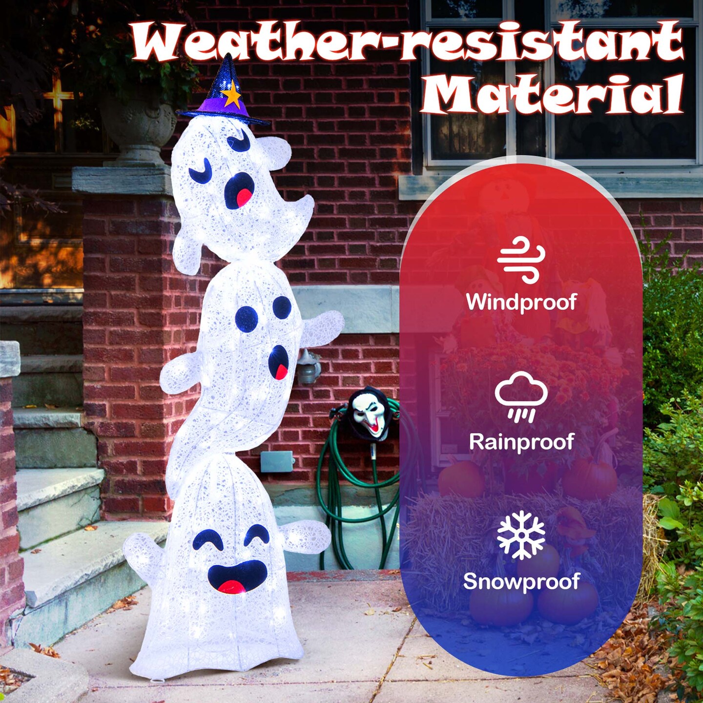 Costway 4 FT Lighted Stacked Ghosts Standing Halloween Decoration with 120 LED Lights and 4 Metal Ground Stakes