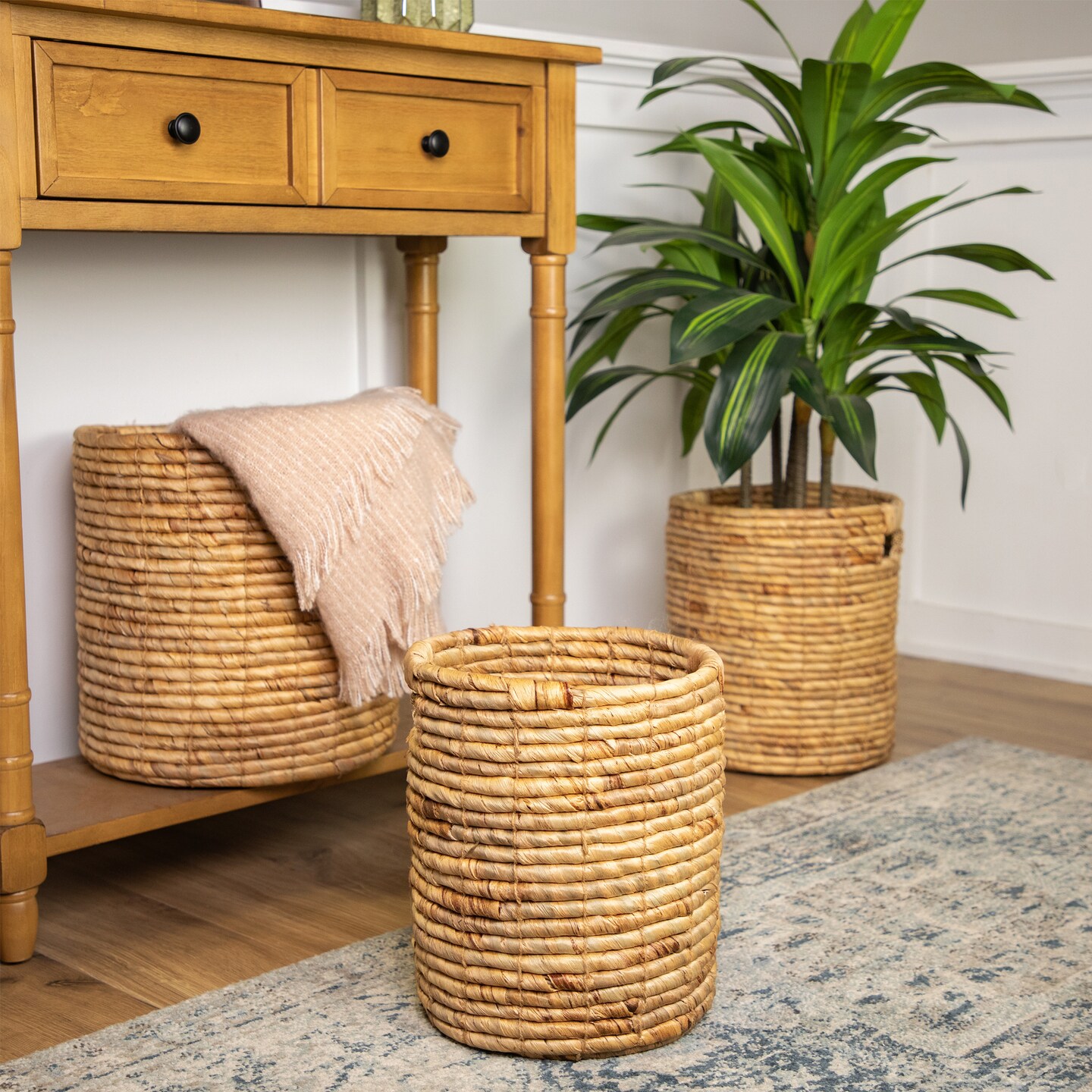 Northlight Natural Woven Table and Floor Cylindrical Seagrass Baskets - Brown - Set of 3
