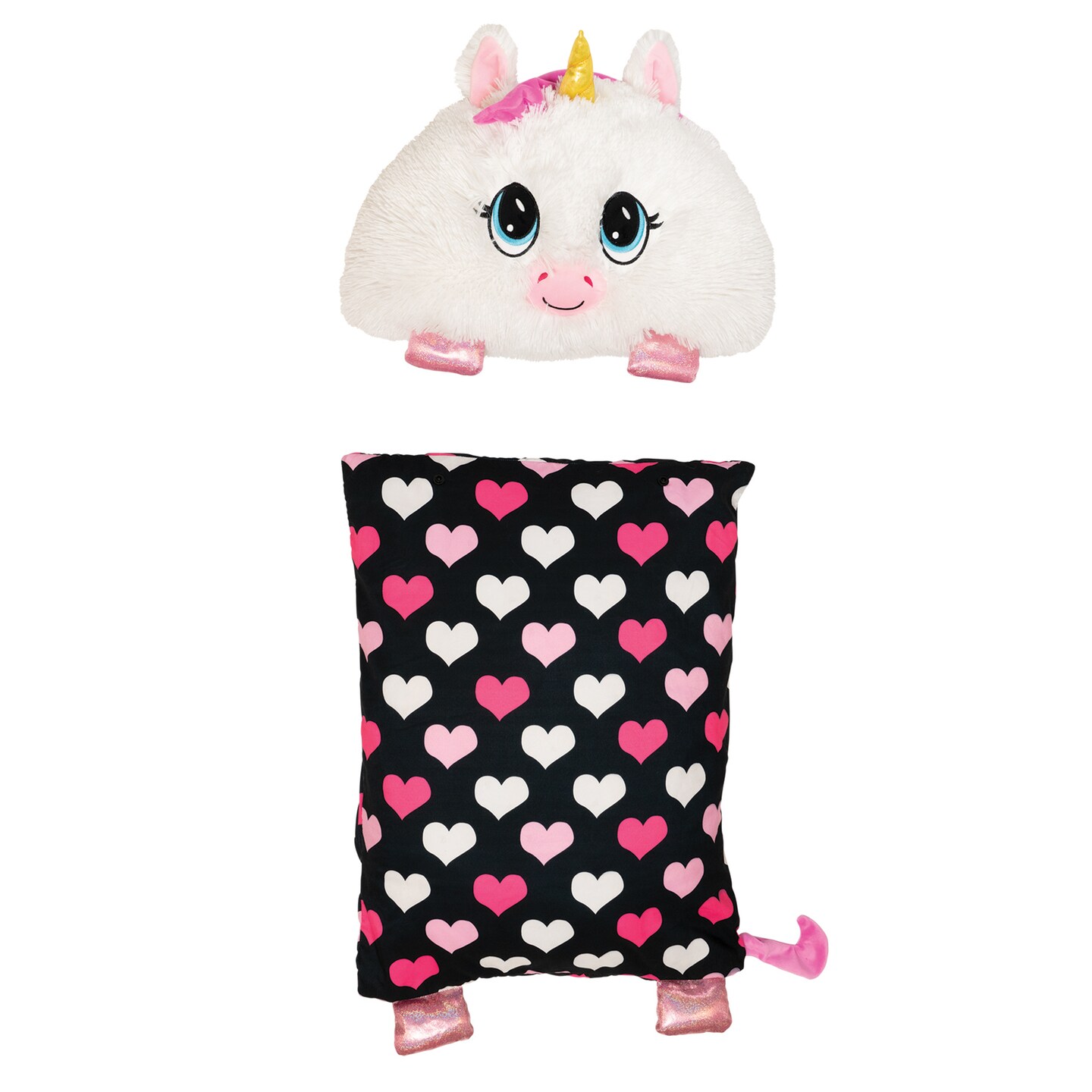 Happy Nappers: FluffALuff Pet - Unicorn - 2-In-1: Plush Character & Snap-On Pillowcase, White-Pink, Soft-Huggable, Cover Fits Standard Size, Play-Nap