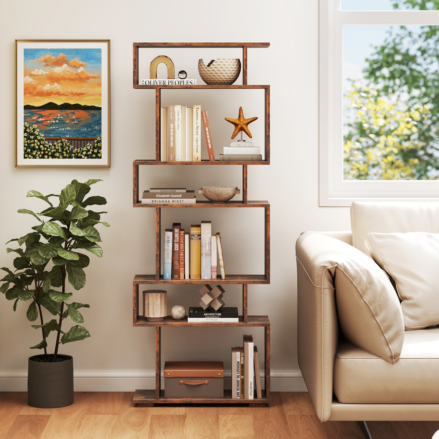 6-Tier Modern Wooden Bookshelf with Geometric S-Shape Design