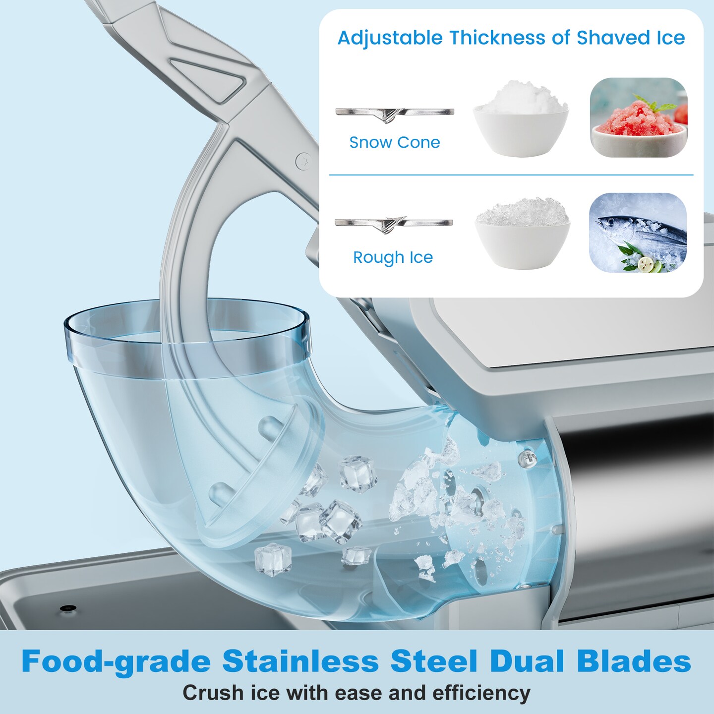 10 Gallon Storage Ice Crusher with Stainless Steel Dual Blades and Waterproof Safety Switch