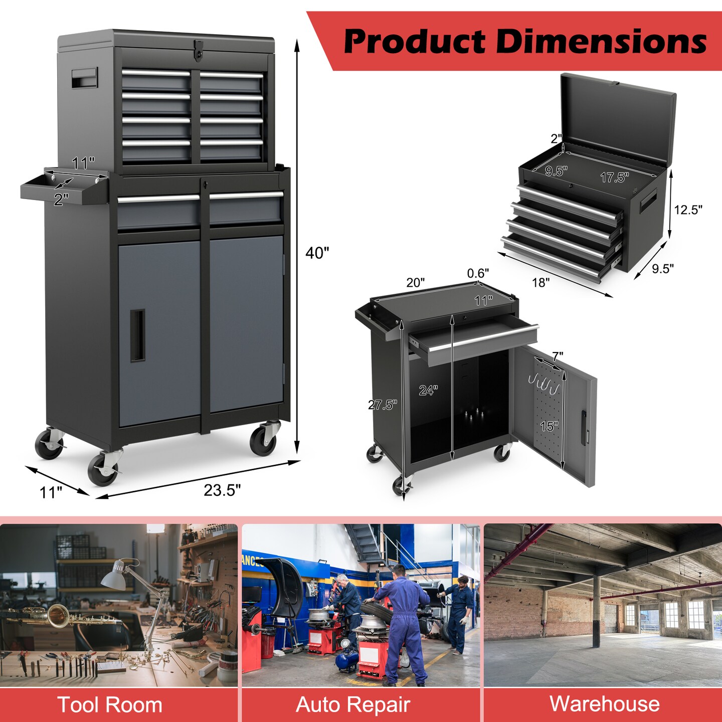 2-in-1 Tool Chest Cabinet with 5 Sliding Drawers and 4 Universal Wheels Perfect for Garage or Workshop
