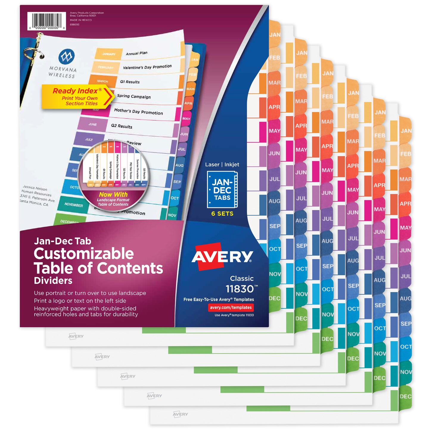 Avery Ready Index Jan-Dec 12 Tab Binder Dividers, Customizable Table of Contents, Classic Multicolor Tabs, 6 Sets (11830)