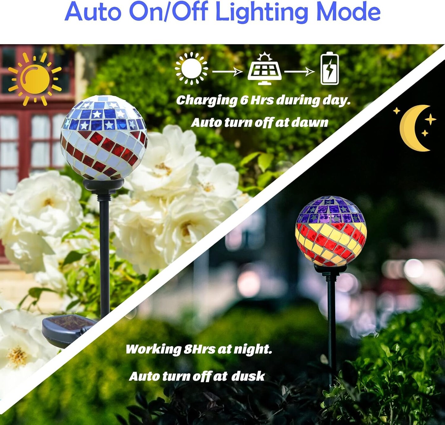 Solar Lights Outdoor Decorative - Solar Gazing Ball Mosaic Garden Stakes Patriotic Stars and Stripes Decorative Lights Waterproof