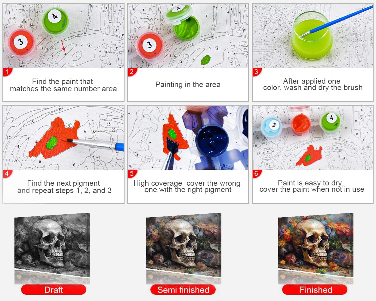 Skull Paint by Numbers Skull Surrounded with Flowers Paint by Number Kits Canvas DIY Oil Painting for Adults Beginners, Paint by Number Adult Paint by Number Kits Home Decor, 16 x20 Inch