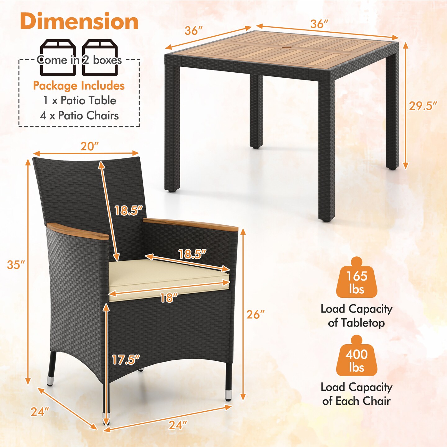 Acacia Wood Dining Set, 5-Piece Rattan Table with Cushioned Chairs and Umbrella Hole