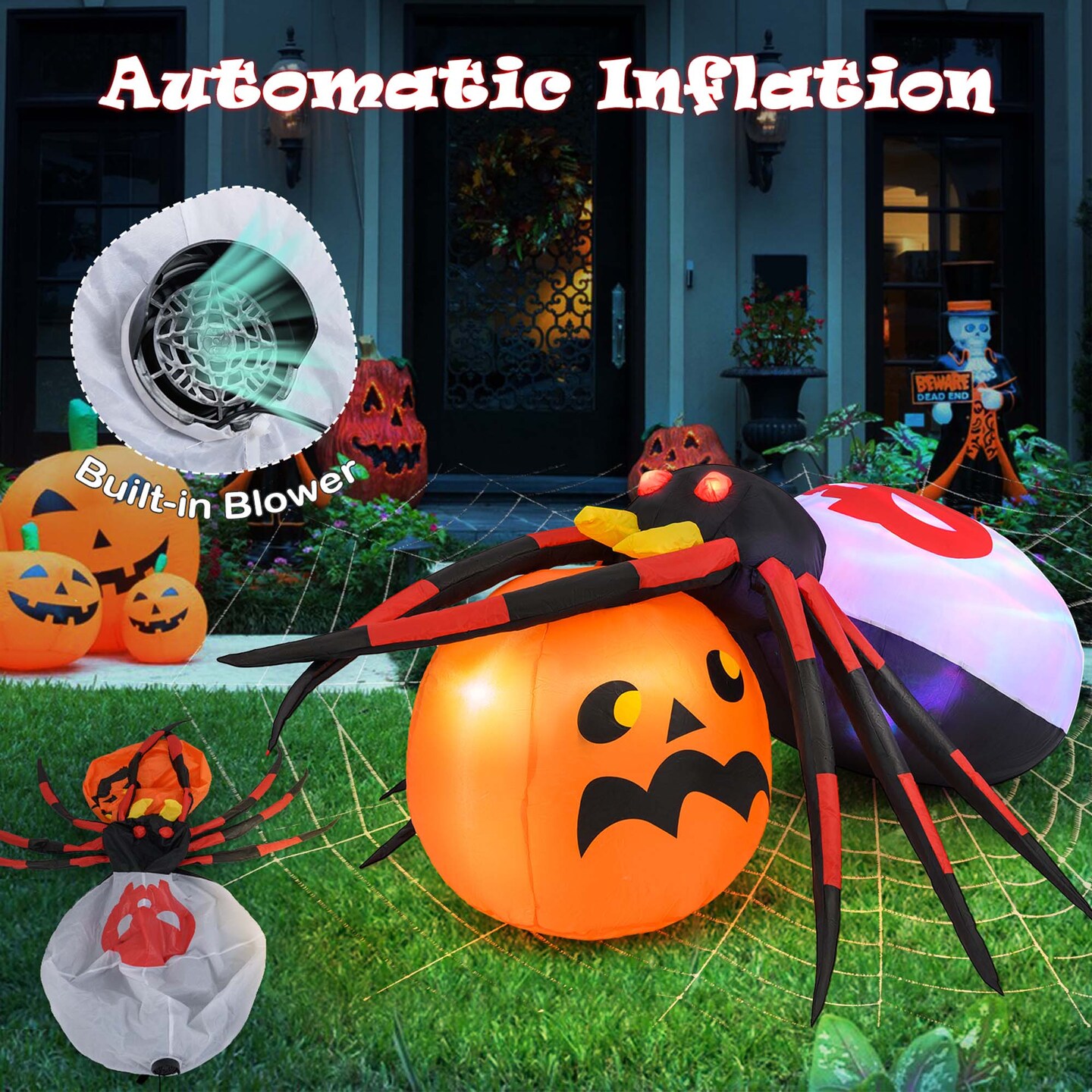 Costway 5 x 4.6 ft Inflatable Spider w/ Pumpkin LED Lighted Halloween Decoration w/ Colorful Rotating Light