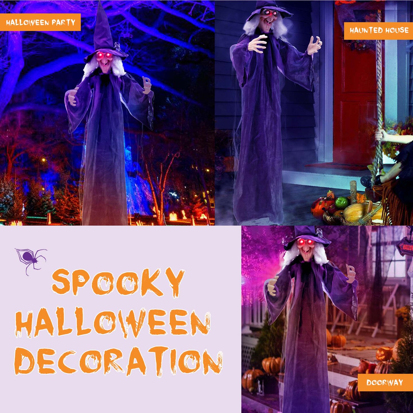Costway 6 FT Halloween Animatronic Witch Hanging Decoration with Red Eyes &#x26; Posable Arms