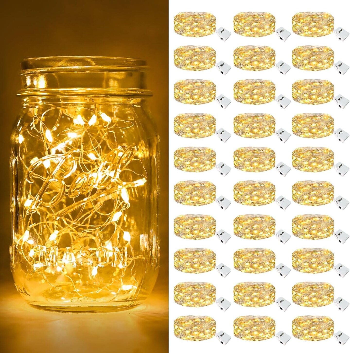 30 Pack 7FT Battery Operated Fairy Lights – 20 LED Mini Twinkle String Lights on Silver Wire, 3 Modes, Waterproof for Christmas, Weddings, Mason Jars, Table Centerpieces (Warm White)