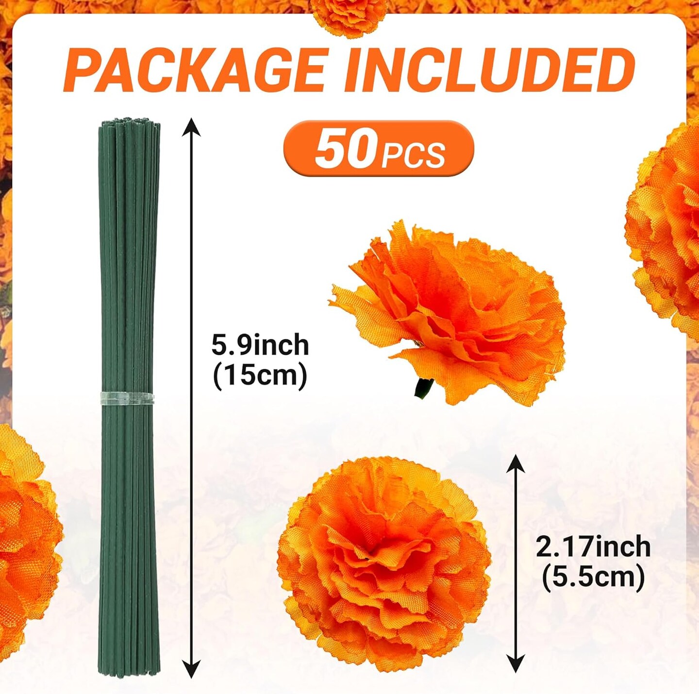 50Pcs Marigold Flowers Bulk Silk Artificial Orange Flowers