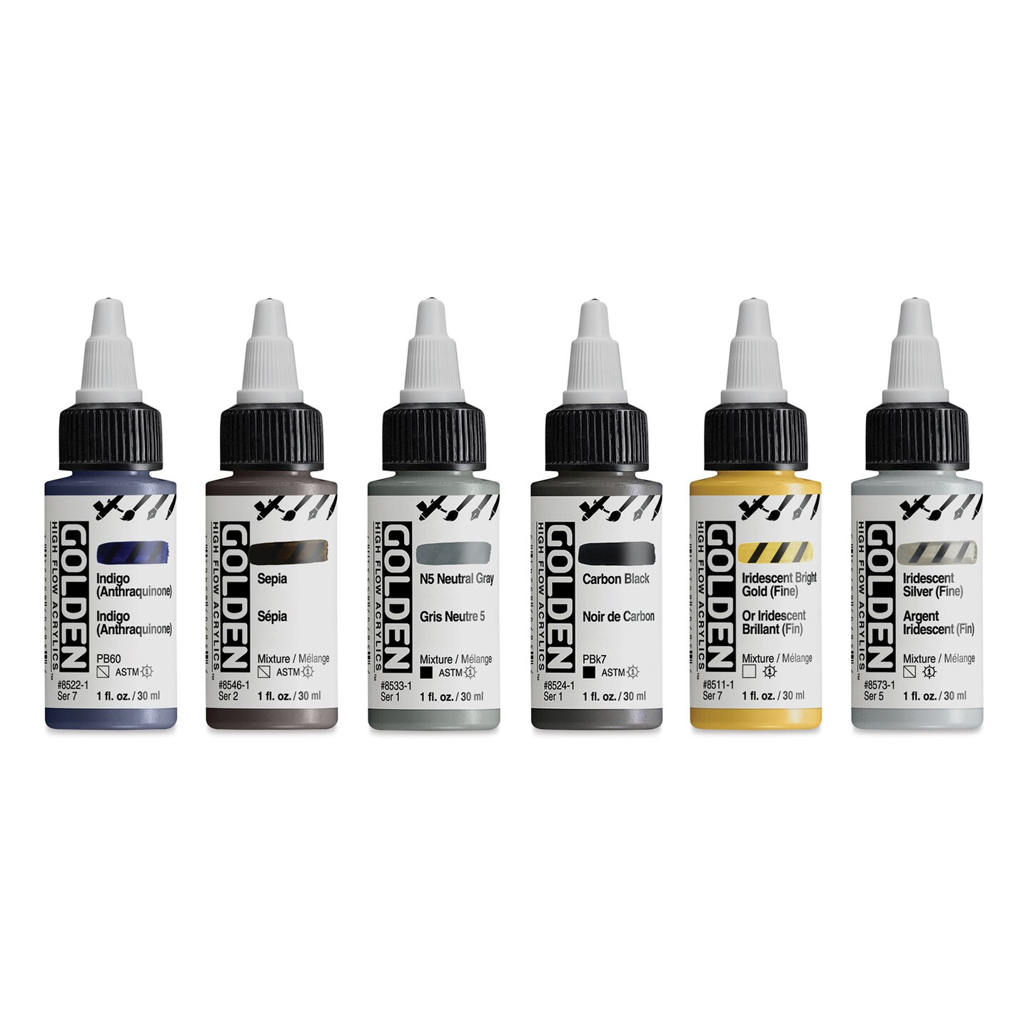 Golden High Flow Acrylics - Set of 6, Drawing and Lettering Colors, 30 ml Bottles