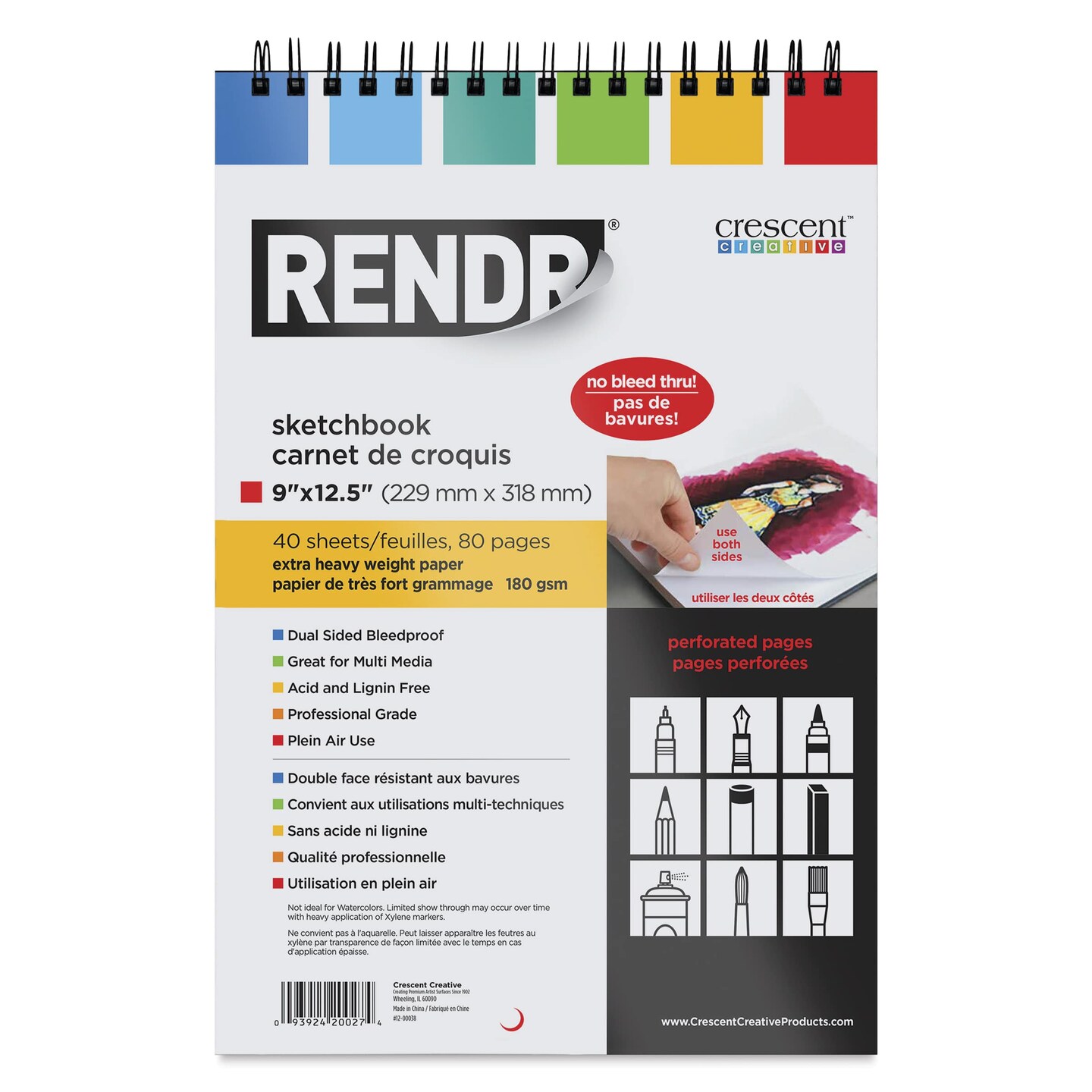 Crescent Rendr Wirebound Sketchbook - 9" x 12-1/2", 110 lb, 40 Sheets
