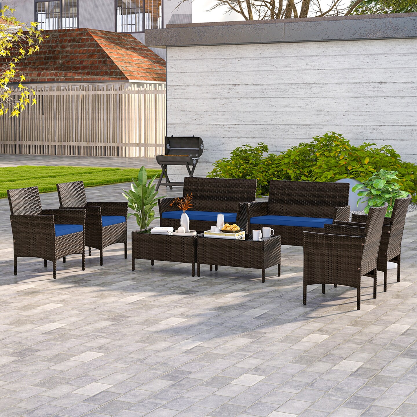 Costway 8 PCS Patio Furniture Set with Washable Cushions and Tempered Glass Coffee Table Black/Grey/Navy/Turquoise/Red/Blue/Orange