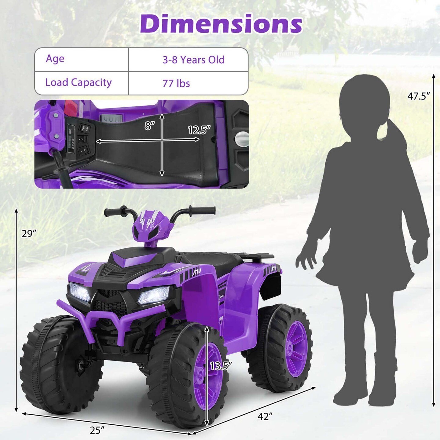Honeyjoy 24V Kids Ride-On Electric ATV 4-Wheeler Quad Car with Wireless Connection Black/Blue/Pink/Red/Purple