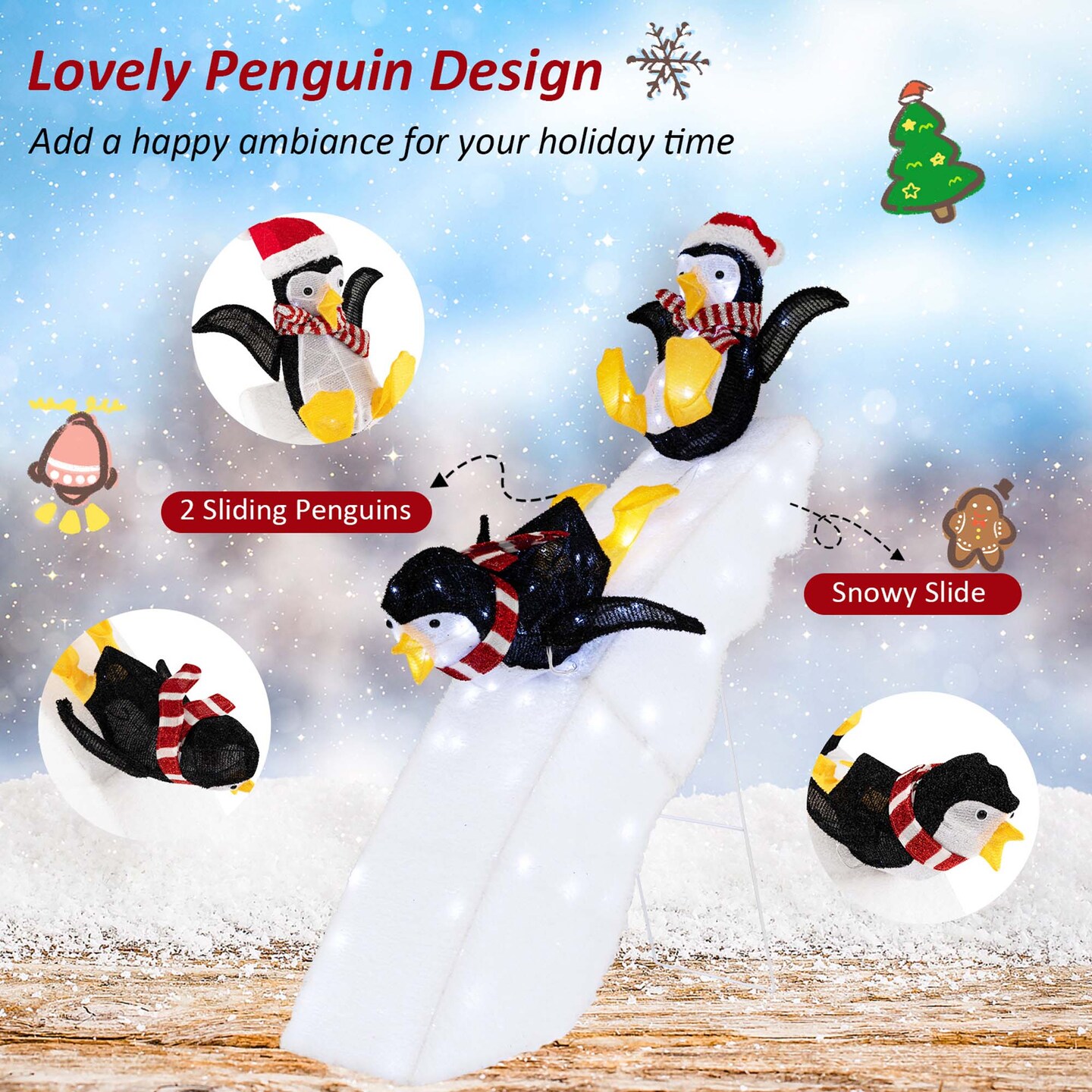 Costway 4FT Pre-Lit Christmas Penguin Ice Skating Decoration with Snowy Slide &#x26; LED Lights