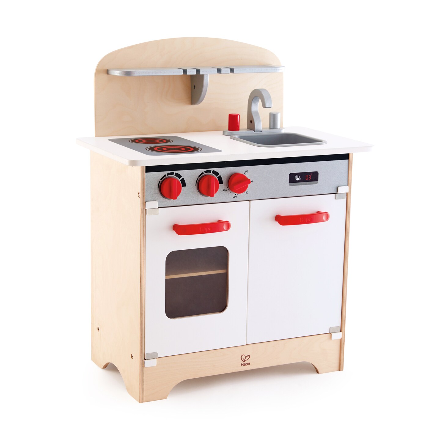Hape White Fully Equipped Wooden Gourmet Kitchen for Kid&#x27;s W/ Sink, Stove, Baking Oven, Cabinet, Turnable Knobs &#x26; Spice Shelf