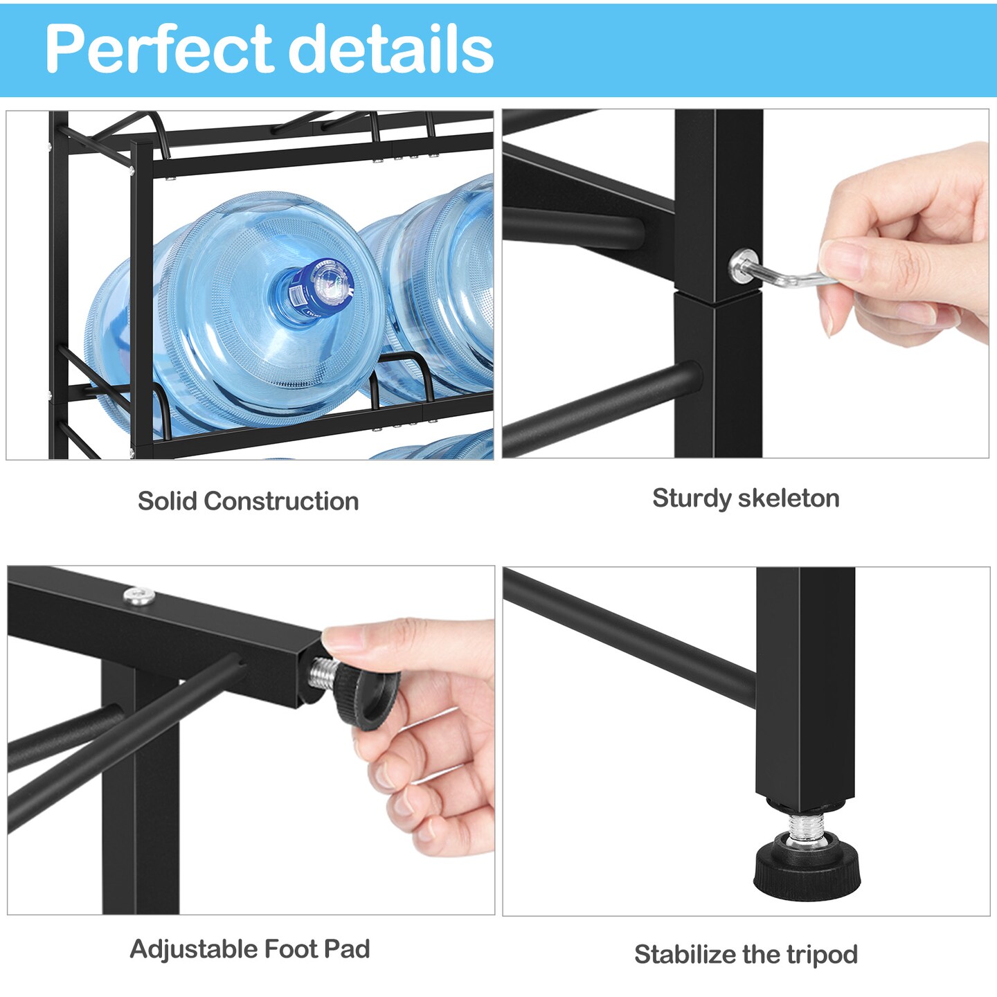 5-Tier Heavy Duty Water Cooler Jug Rack &#x2013; 10-Slot Metal Storage Shelf for 5-Gallon Bottles, Detachable Floor Protector for Home/Office/Kitchen, Black