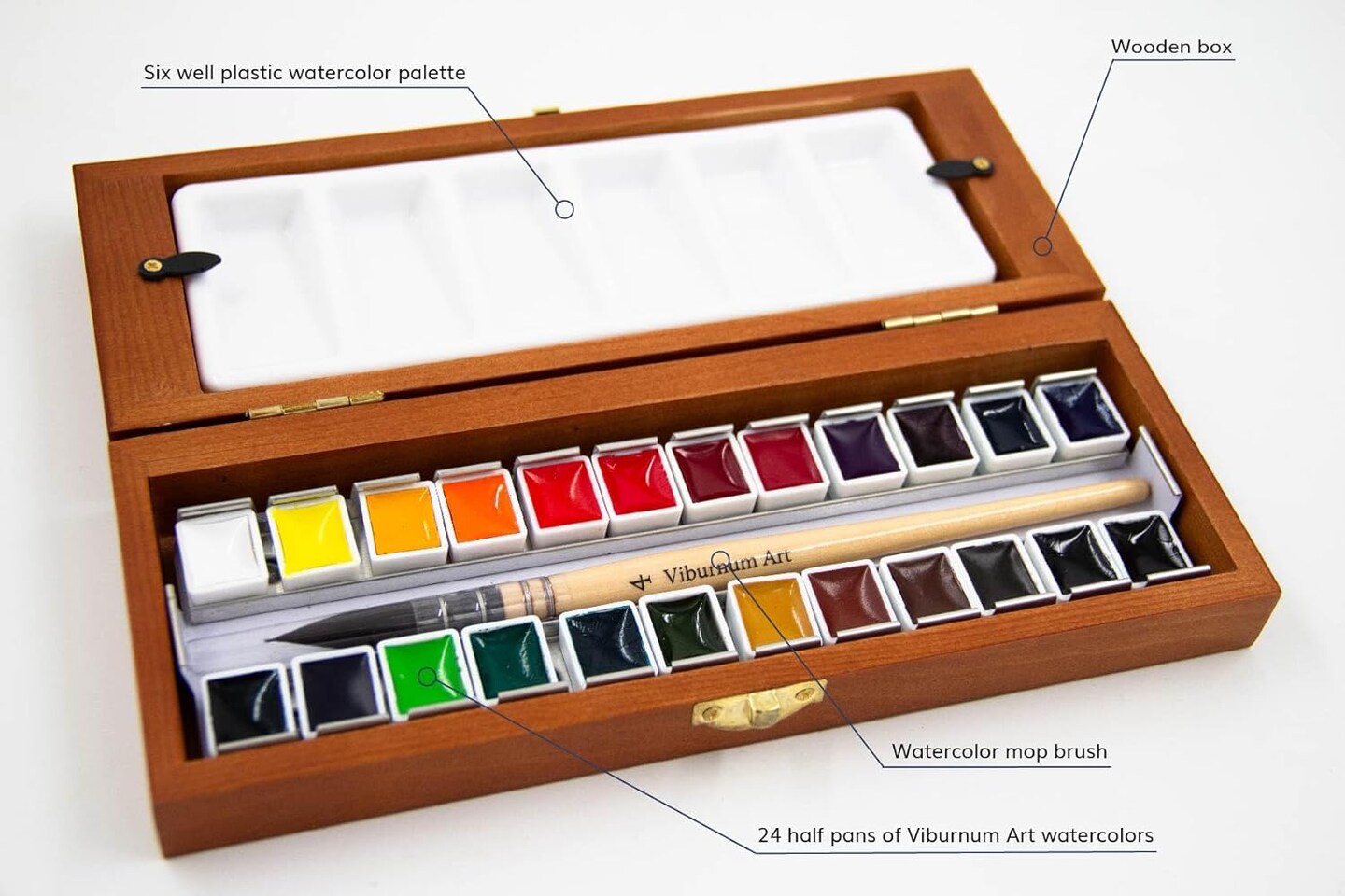 Professional Watercolor Paint Set - 24 Half Pan Highly Pigmented Transparent Water Color Paints with #4 Synthetic Water color Brush, Mixing Palette & Wooden Box Gift Watercolor Kit