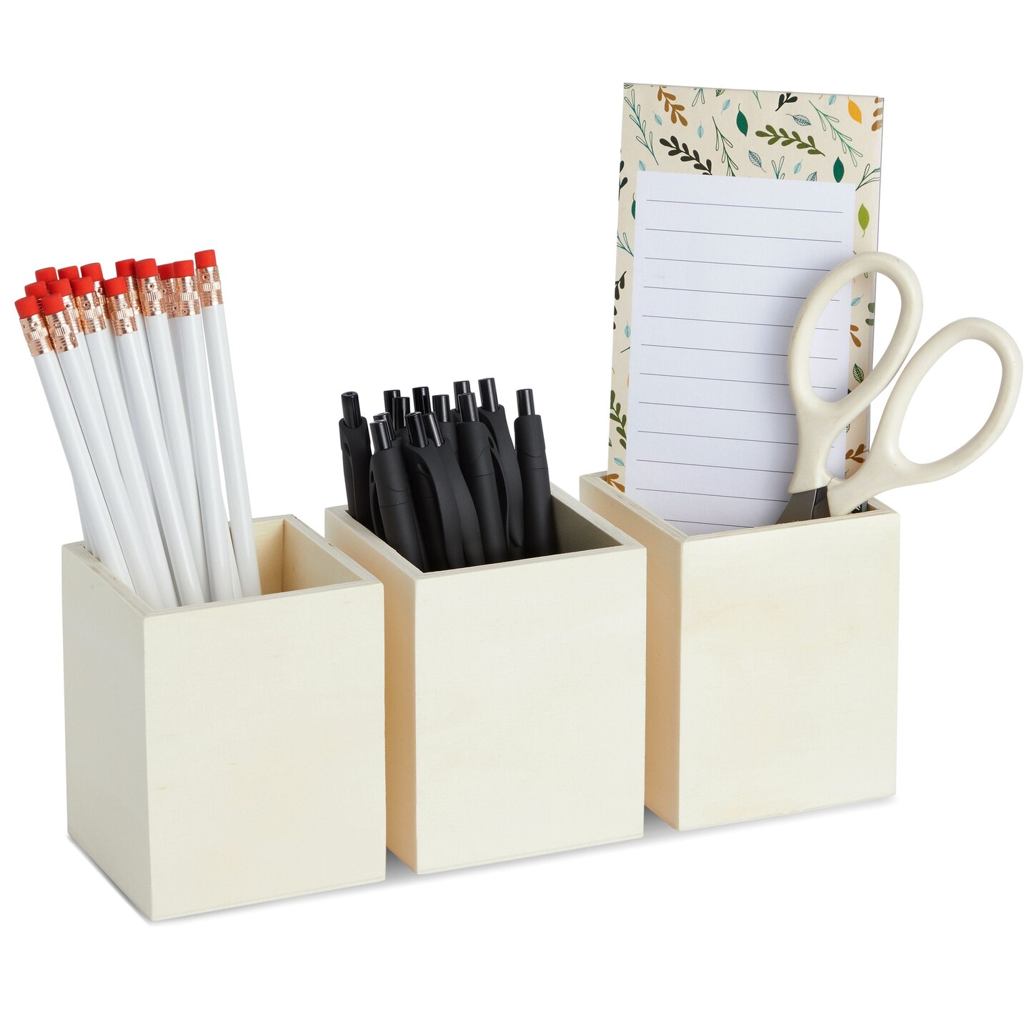 3 Pack Unfinished Wood Pencil Holder Cups for Office - Pen Accessories Organizer and Storage for Classroom Desk (3 x 3 x 3.5 in)