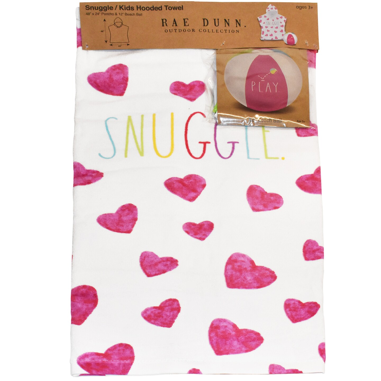 Rae Dunn: Snuggle Kids Hooded Towel &#x26; 12&#x22; Beach Ball - Hearts 48&#x22;x 24&#x22; Poncho, Cotton Terry Beach Cover Up, Toddler 3+