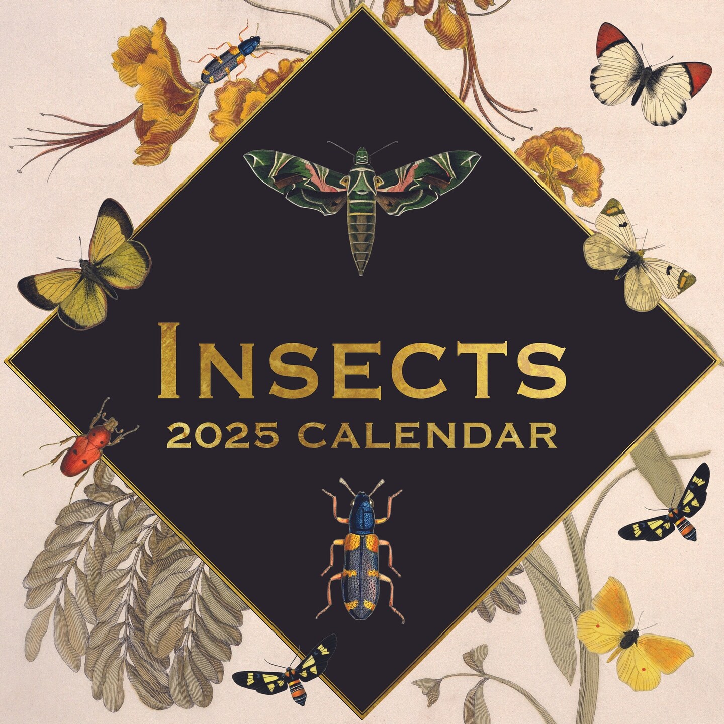 2025 Square Wall Calendar, Insects, 16-Month Arts &#x26; Antiques Theme with 180 Reminder Stickers (12x12 In)